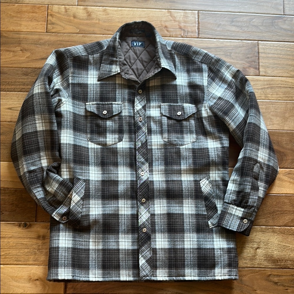 Vtg 80s VIP PLAID quilted wool shirt jacket